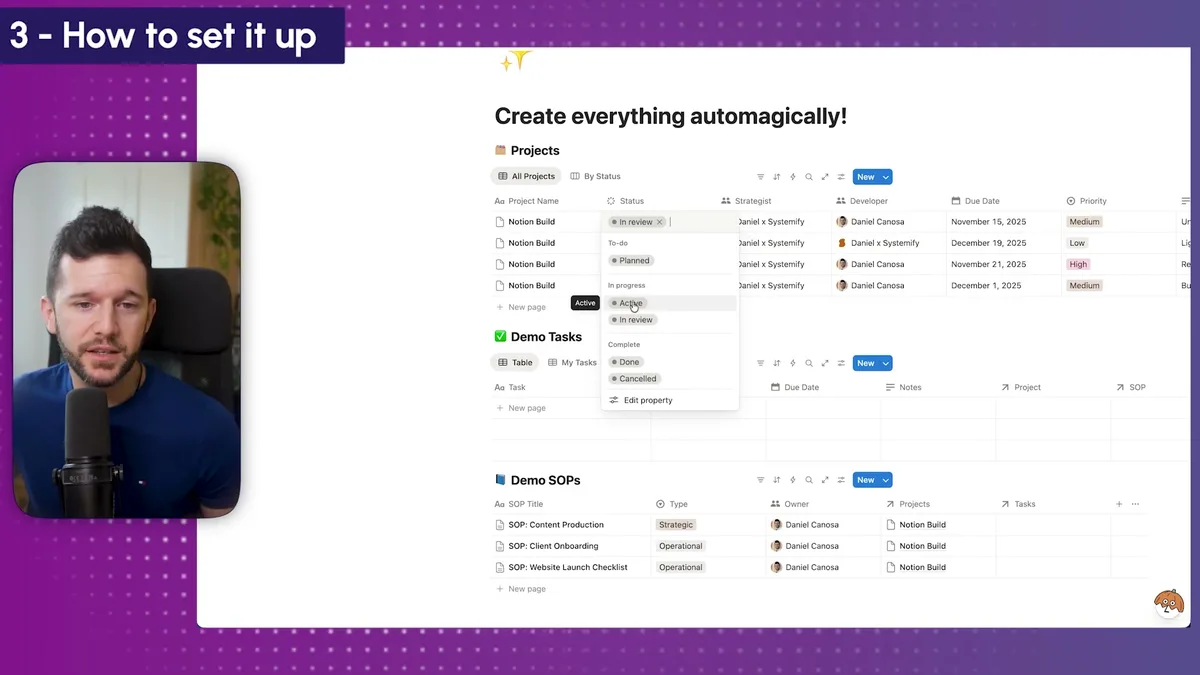 Status filter dropdown menu showing 'Active' option selected for filtering projects by automation trigger