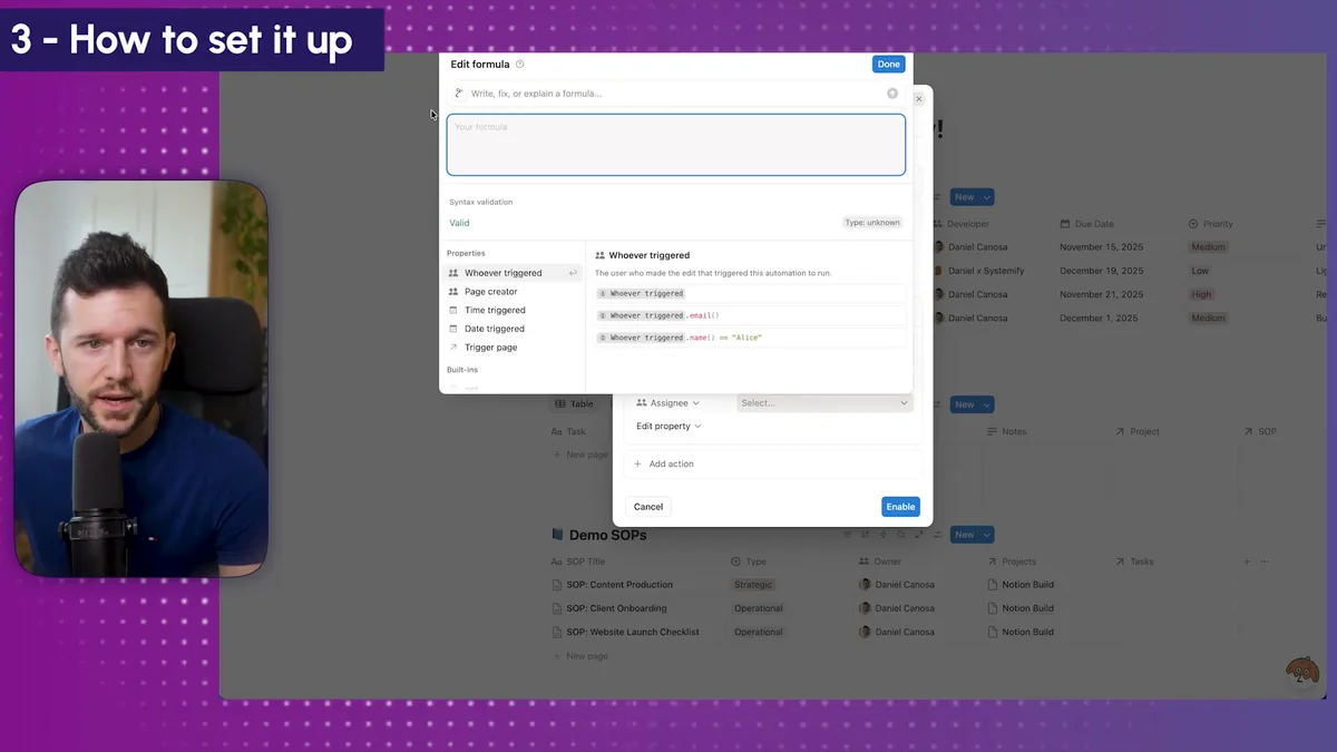 Edit formula dialog showing available trigger page properties including 'Whoever triggered' and 'Page creator' for dynamic assignee configuration