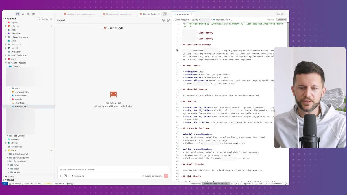 The memory.md file displaying synthesized client information including relationship summary, deal status, financial summary, and active action items