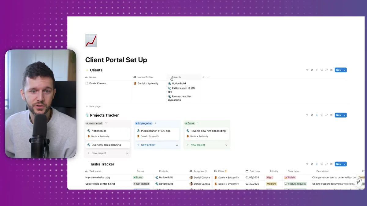Client Portal Set Up page showing Clients list, Projects Tracker, and Tasks Tracker with project status, assignments, and due dates