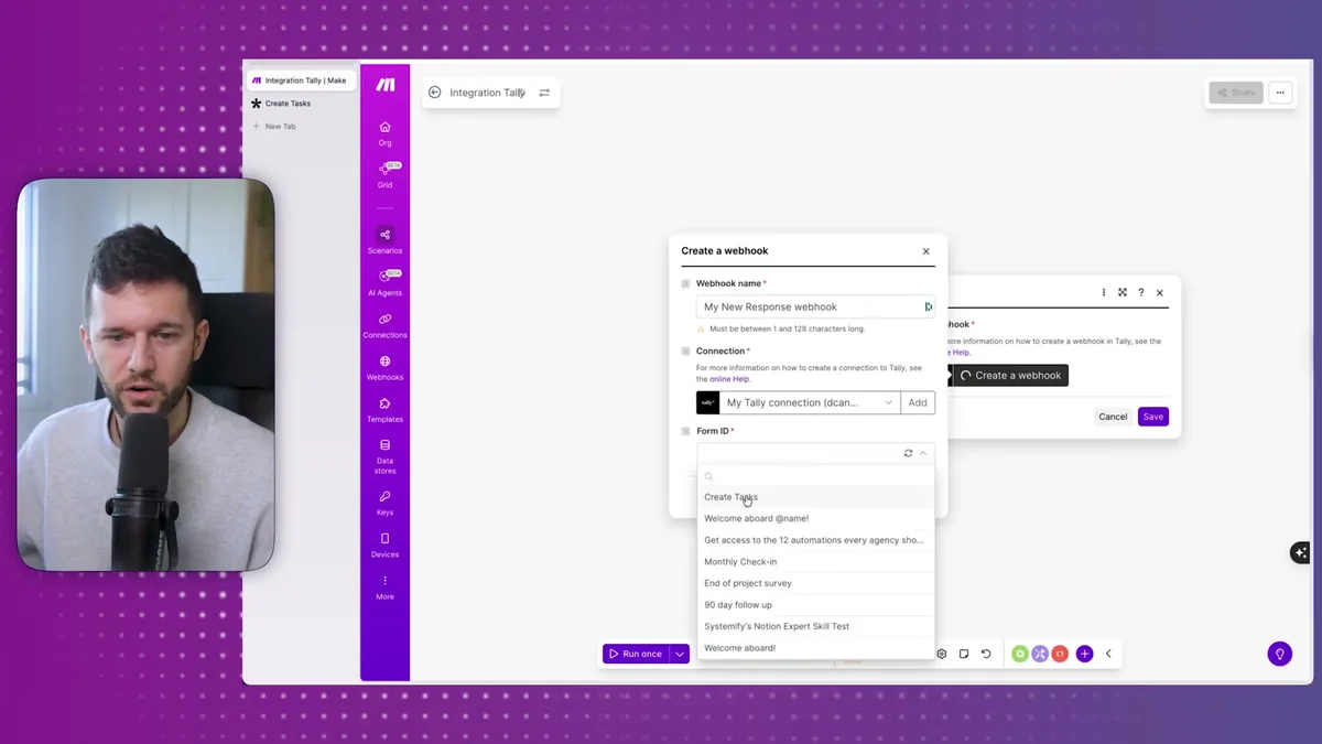 Creating a webhook in Make to listen for form submissions from Tally, with fields for webhook name, connection, and Form ID configuration