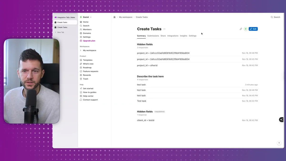Hidden fields showing dynamic project_id and client_id parameters for embedding forms in the client portal