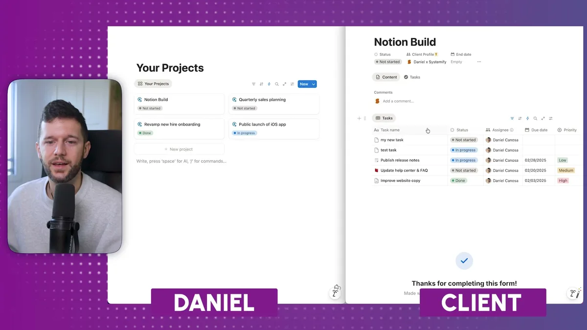 Client portal showing newly submitted task 'my new task' appearing in the task list after form submission