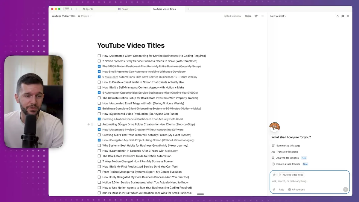 Notion page with formatted checklist of YouTube video titles, demonstrating heading styles, checkbox formatting, and strikethrough text styling