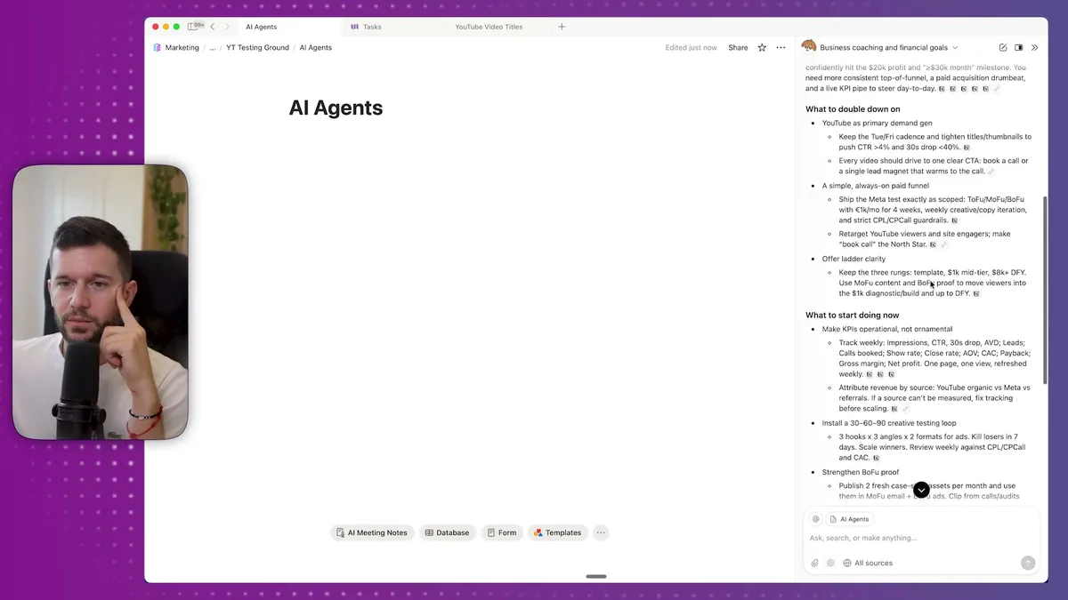 AI-generated business coaching analysis showing KPI recommendations, strategic priorities ('What to double down on'), immediate action items ('What to start doing now'), and a 30-day execution plan for a YouTube-based business with financial goals