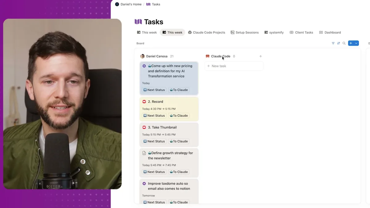 Task management interface showing multiple tasks assigned to Claude Code with status buttons and assignment indicators