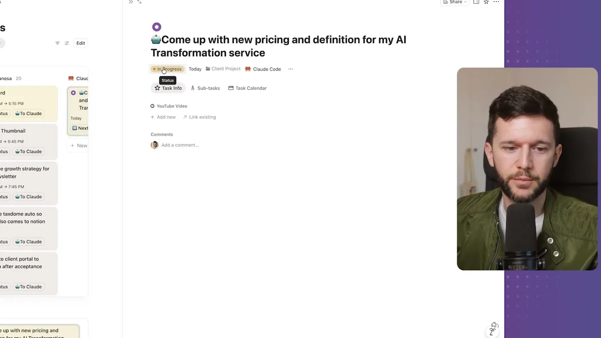Task status changed to 'In Progress' (yellow badge) as Claude Code picks up the AI Transformation service pricing task