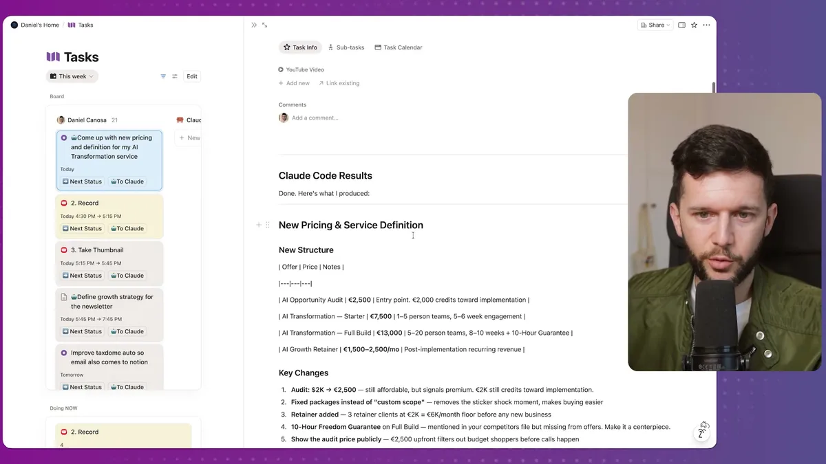 Claude Code's output showing new pricing and service definitions with structured offers, pricing tiers, and key changes for an AI Transformation service