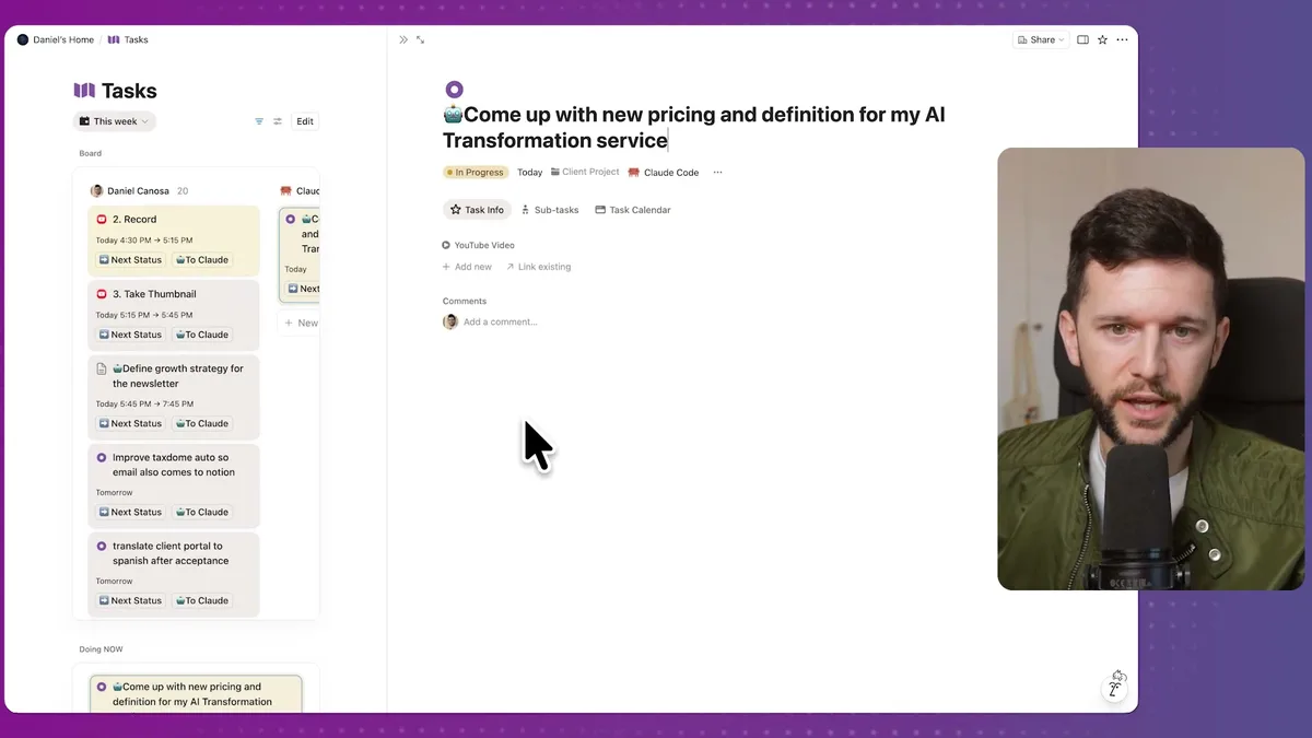Notion Tasks database showing multiple tasks with robot icon tags, status labels (Next Status, To Claude), time schedules, and organized by time periods (Today, Tomorrow, Doing NOW)