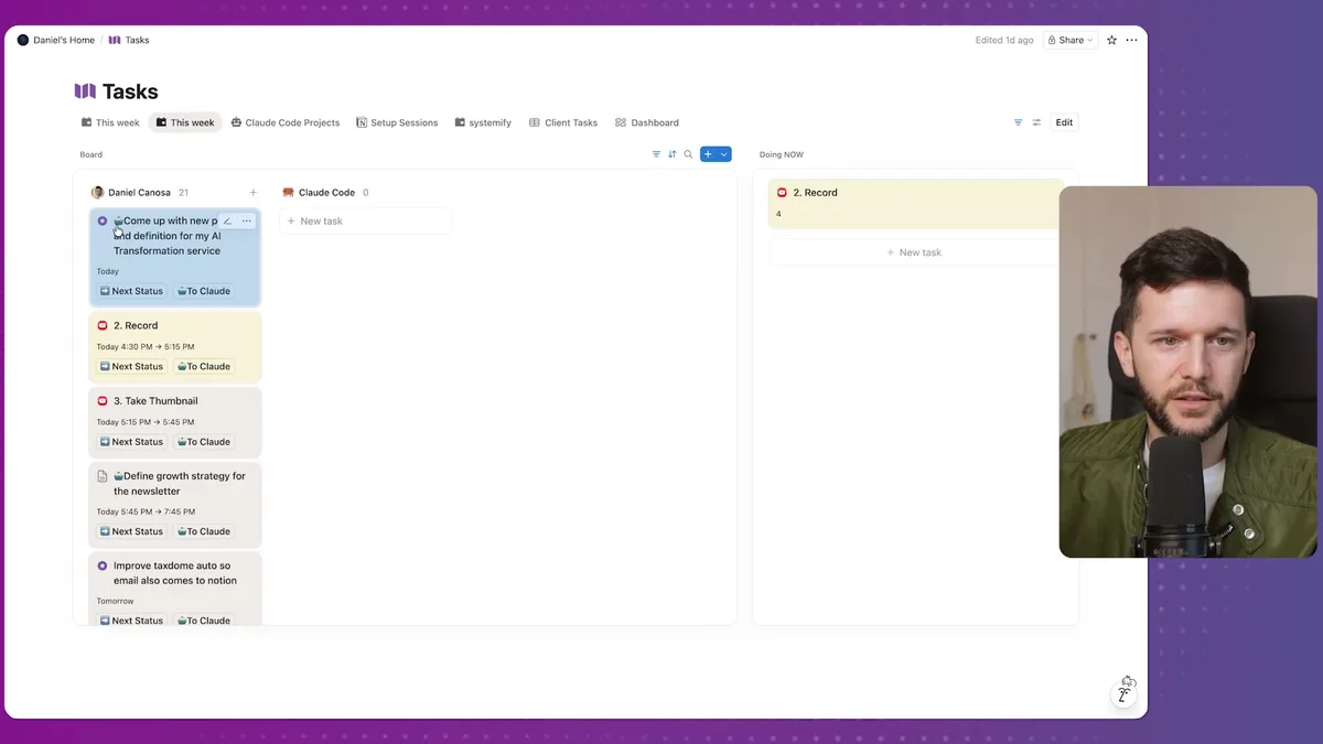 Notion Tasks database showing the 'To Claude' button used to assign tasks to Claude Code for execution
