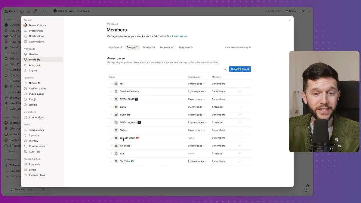 Notion workspace Members settings showing the Groups tab with multiple member groups listed, including the Claude Code group visible in the table with 0 members