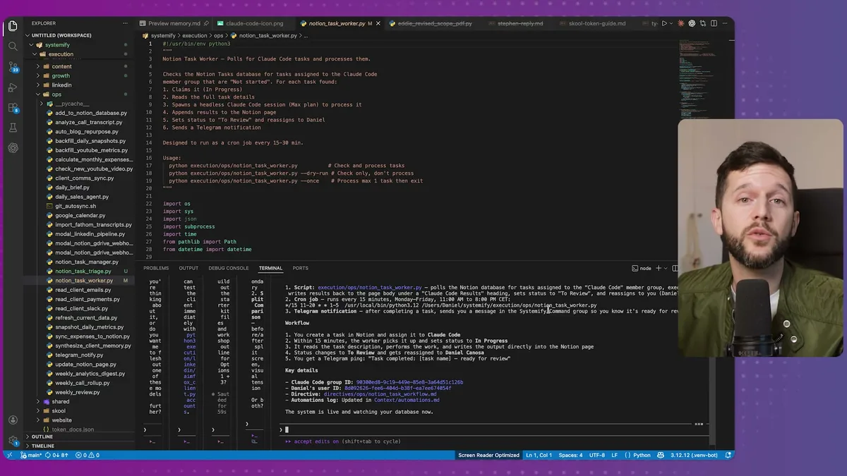 Claude Code generated Python script for Notion Task Worker automation, showing imports, function definitions, and workflow documentation with file explorer and code editor visible
