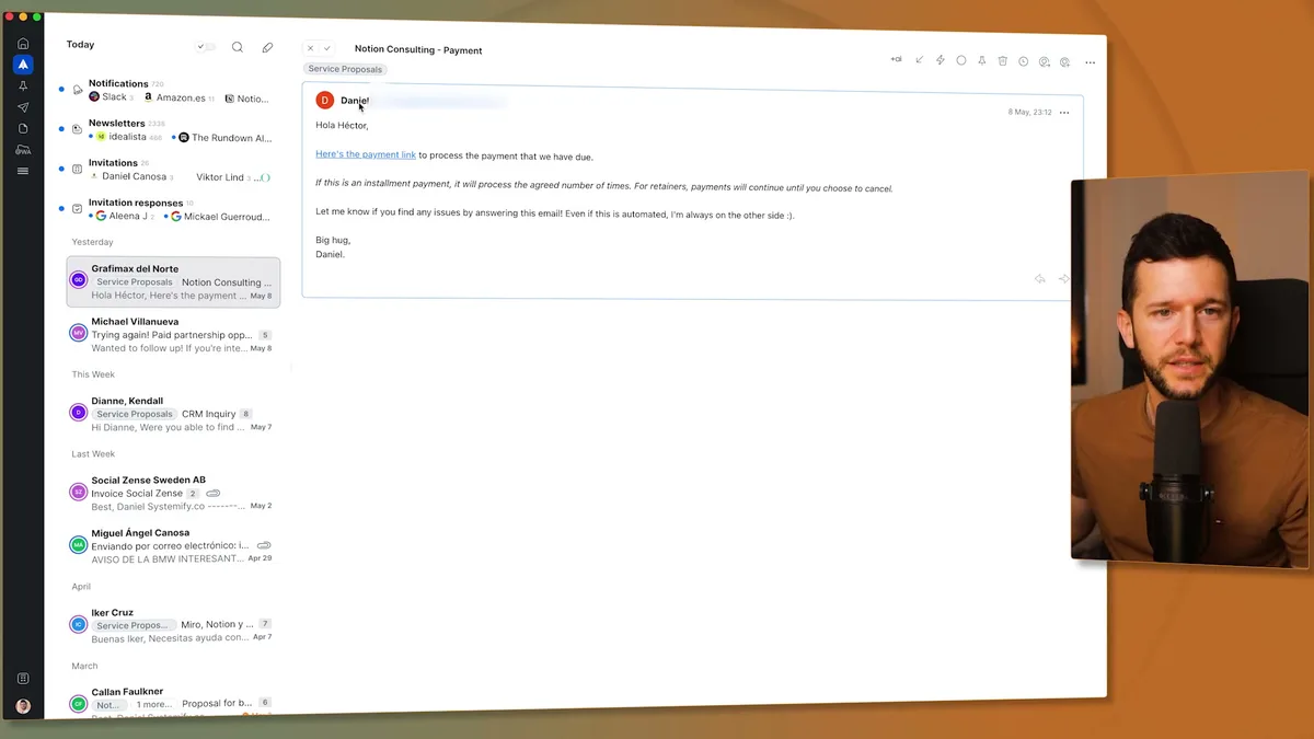 Email forwarding to Notion: incoming payment request email automatically captured in Notion database showing sender, subject, and full email content
