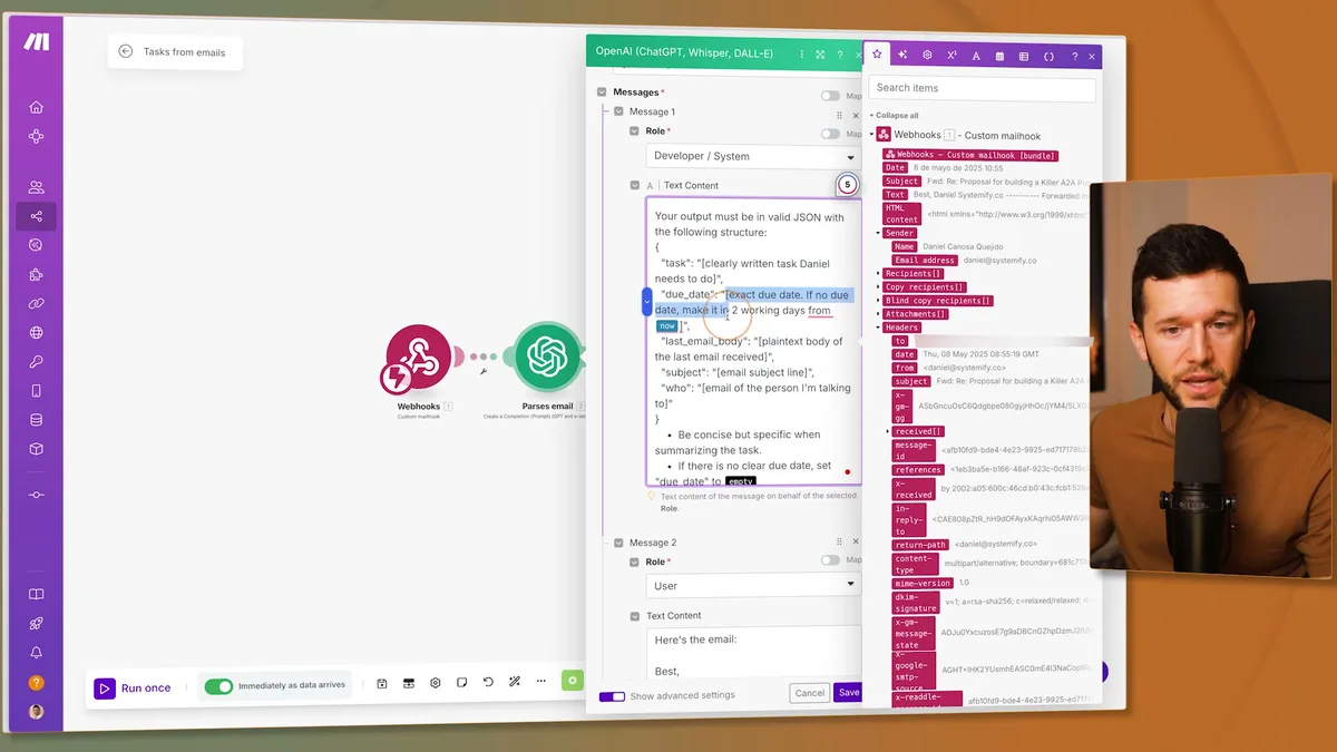 System prompt and JSON output structure requirements for OpenAI API integration, showing task schema with fields for task, due_date, last_email_body, subject, and who