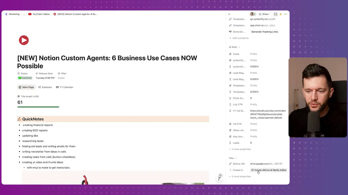 Notion YouTube Videos database showing the 'Create GDrive & Notify Editor' button property in the properties panel