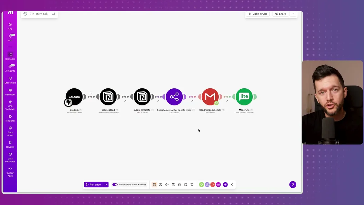 Notion CRM automation workflow showing lead generation pipeline with source tracking through newsletter and cold email integrations