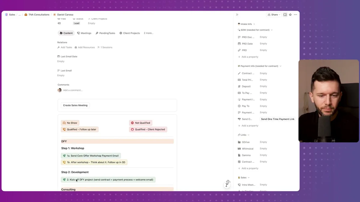 Client onboarding workflow showing payment information fields, done-for-you (DFY) project steps, and payment processing options in the CRM interface