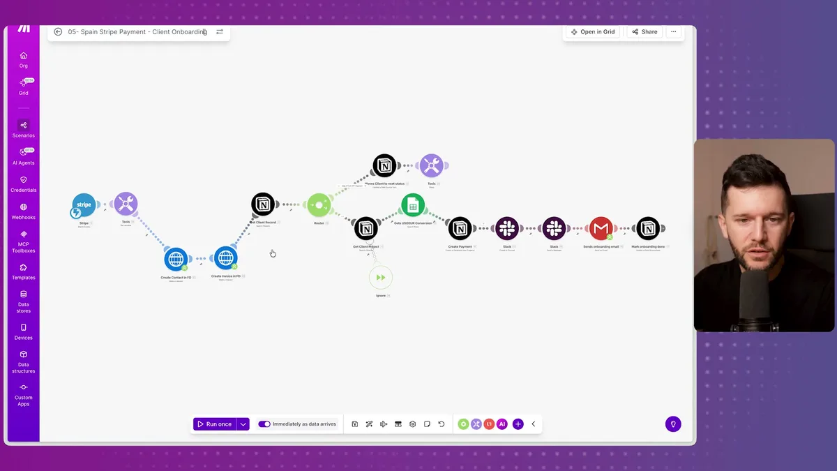 Automation workflow showing fulfillment process with multiple status triggers creating corresponding tasks in Slack and email notifications
