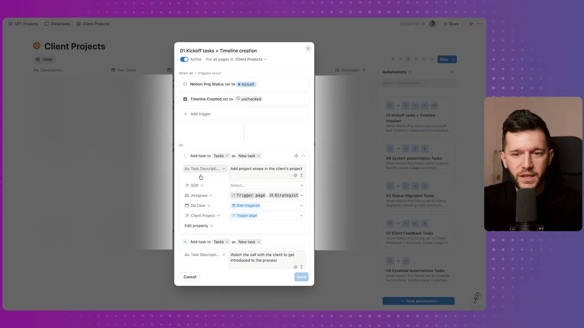 Notion automation rule configuration showing 'Kickoff tasks + Timeline creation' trigger when Notion Proj Status is set to Kickoff, with task creation and due date settings