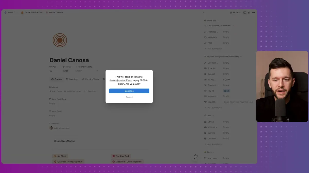 Confirmation dialog for sending a quick payment link via email for add-on charges, showing the amount and recipient details before sending