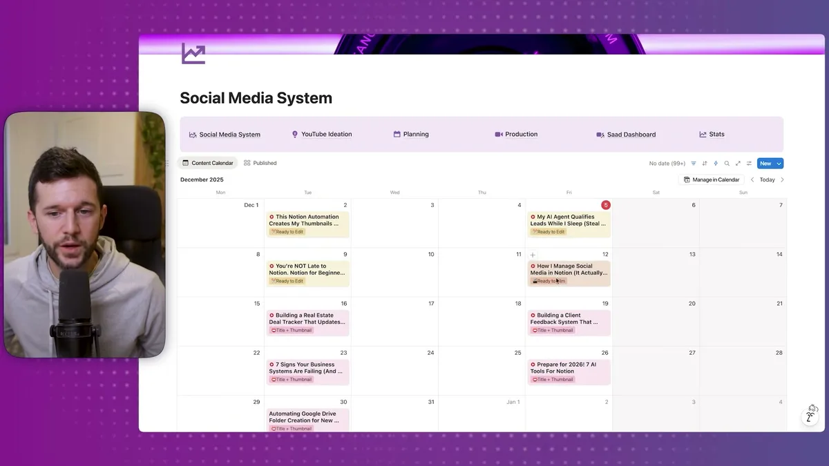 Content calendar dashboard displaying video production workflow with status tags including 'Ready to Edit', 'Ready to Film', and 'Title + Thumbnail' for upcoming content