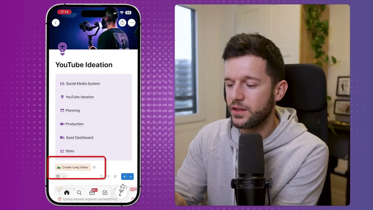 YouTube Ideation app showing the create menu with options to add new video ideas including Social Media System, YouTube Ideation, Planning, Production, Saad Dashboard, and Stats - accessible via the Create Long Video button