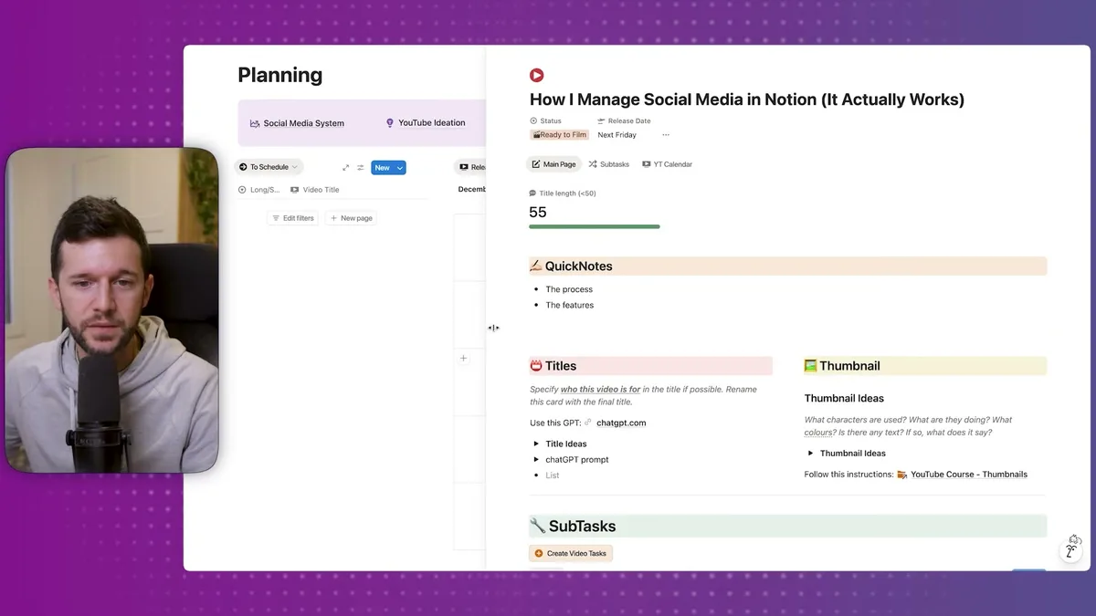 Individual video task page displaying notes section with QuickNotes, Titles, Thumbnail sections, and SubTasks linked from the tasks database