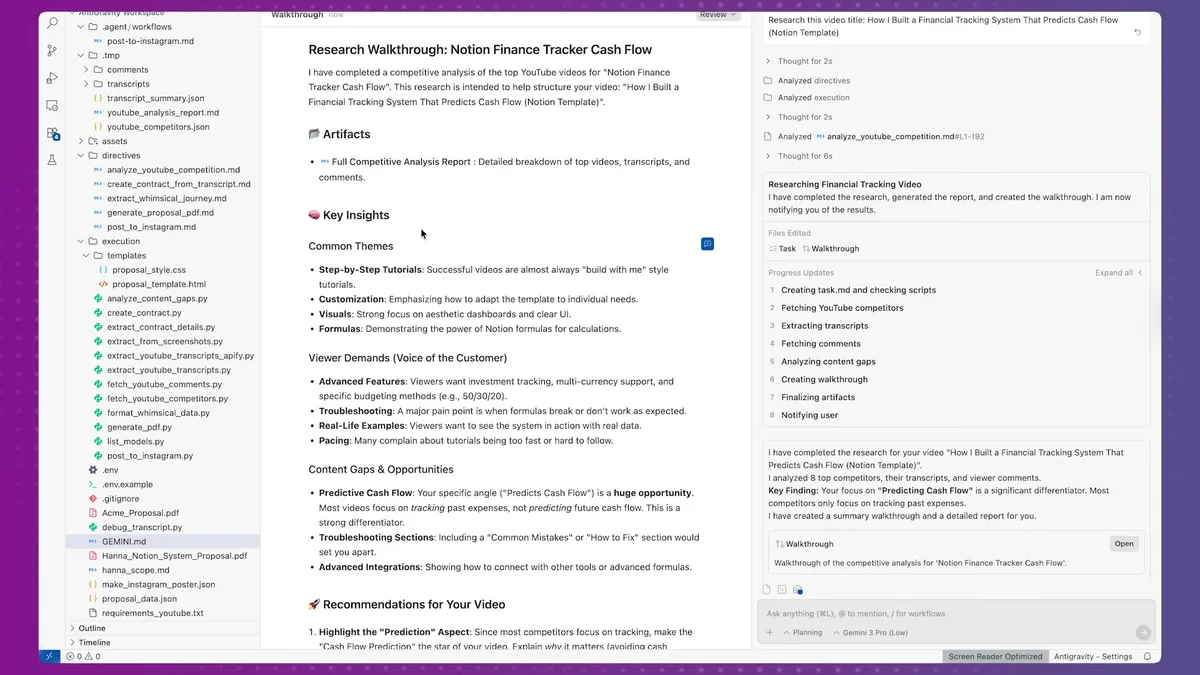 AI research workflow showing key insights, common themes, viewer demands, content gaps, and video recommendations for competitive analysis