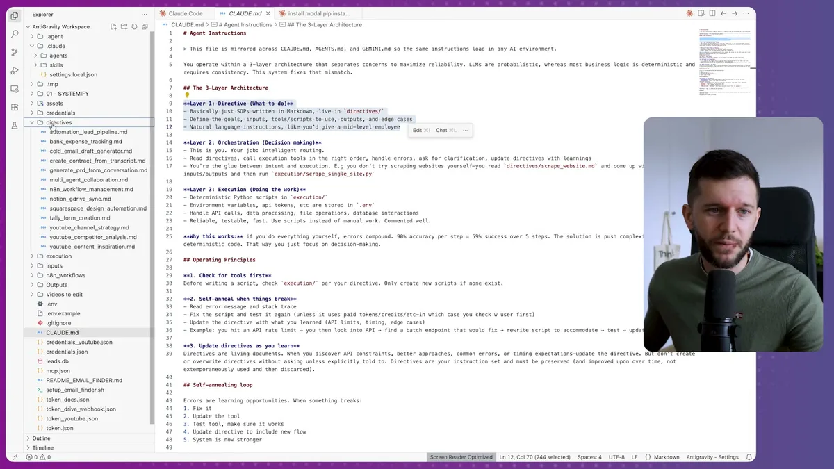 Cloud Code project structure showing directives folder expanded with example Python scripts (automation_lead_pipeline.md, bank_expense_tracking.md, etc.) alongside the CLAUDE.md documentation explaining the 3-layer architecture for agent instructions and execution workflows