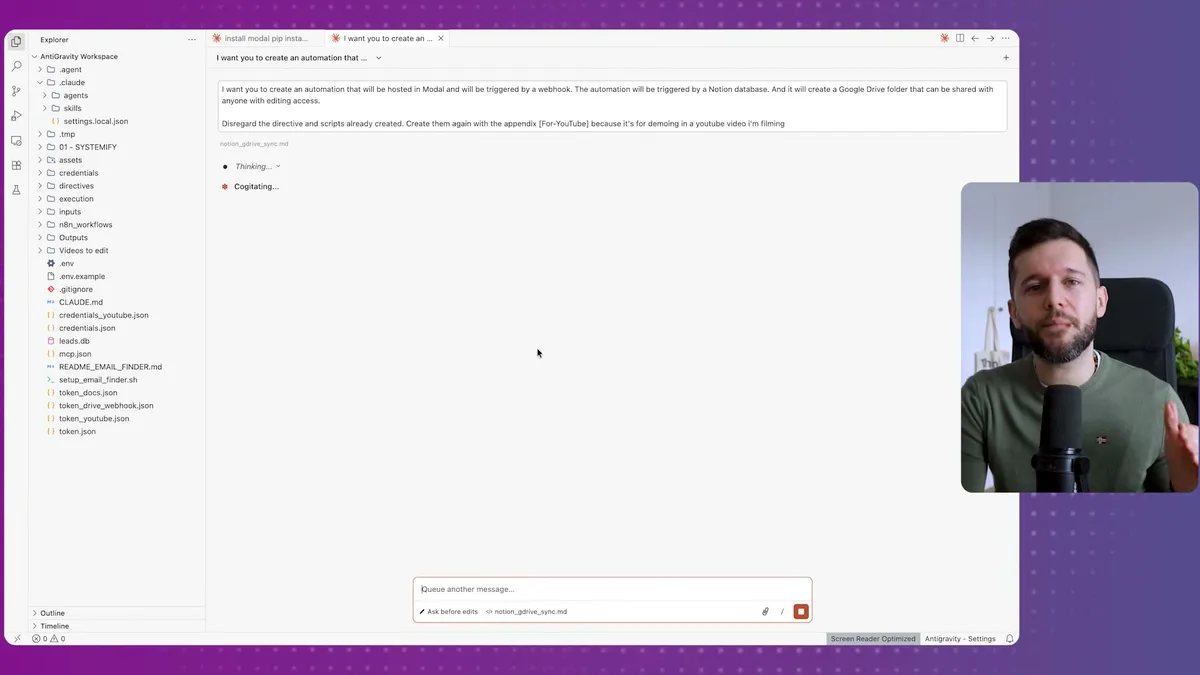 Claude Code processing a user request with 'Thinking' and 'Cogitating' status indicators, demonstrating the AI's automatic generation of directives and scripts based on natural language input