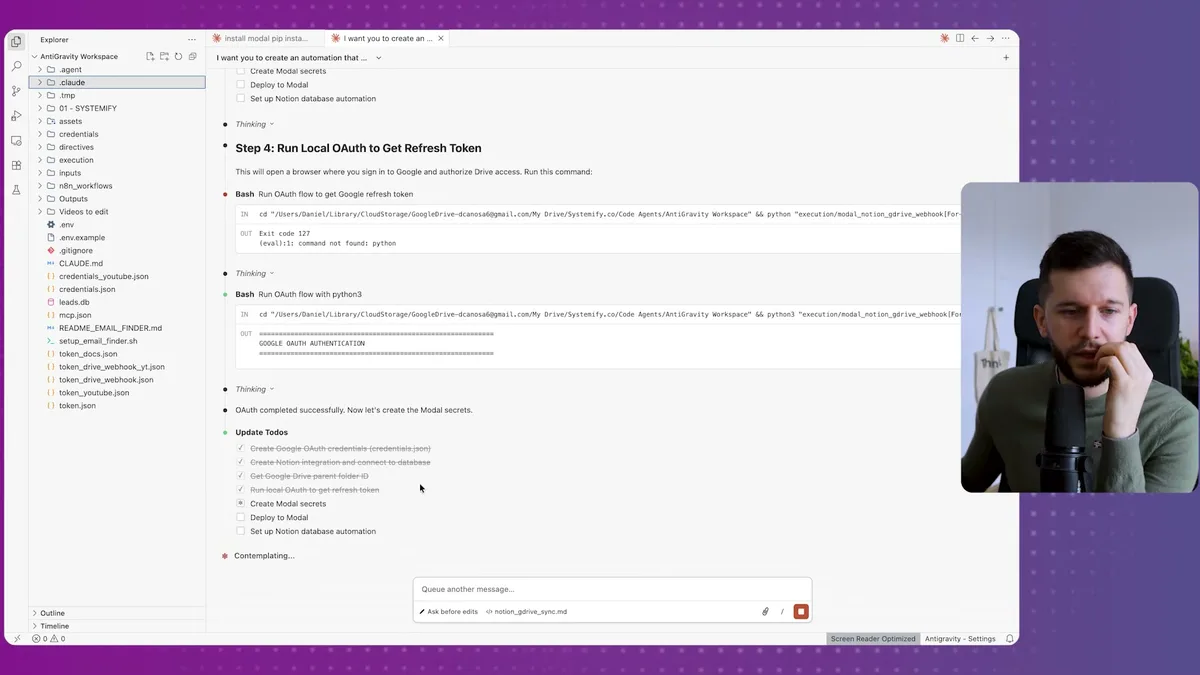 Step 4: Running local OAuth flow to get refresh token - shows bash commands for Google authentication and Notion integration setup in the tutorial workflow
