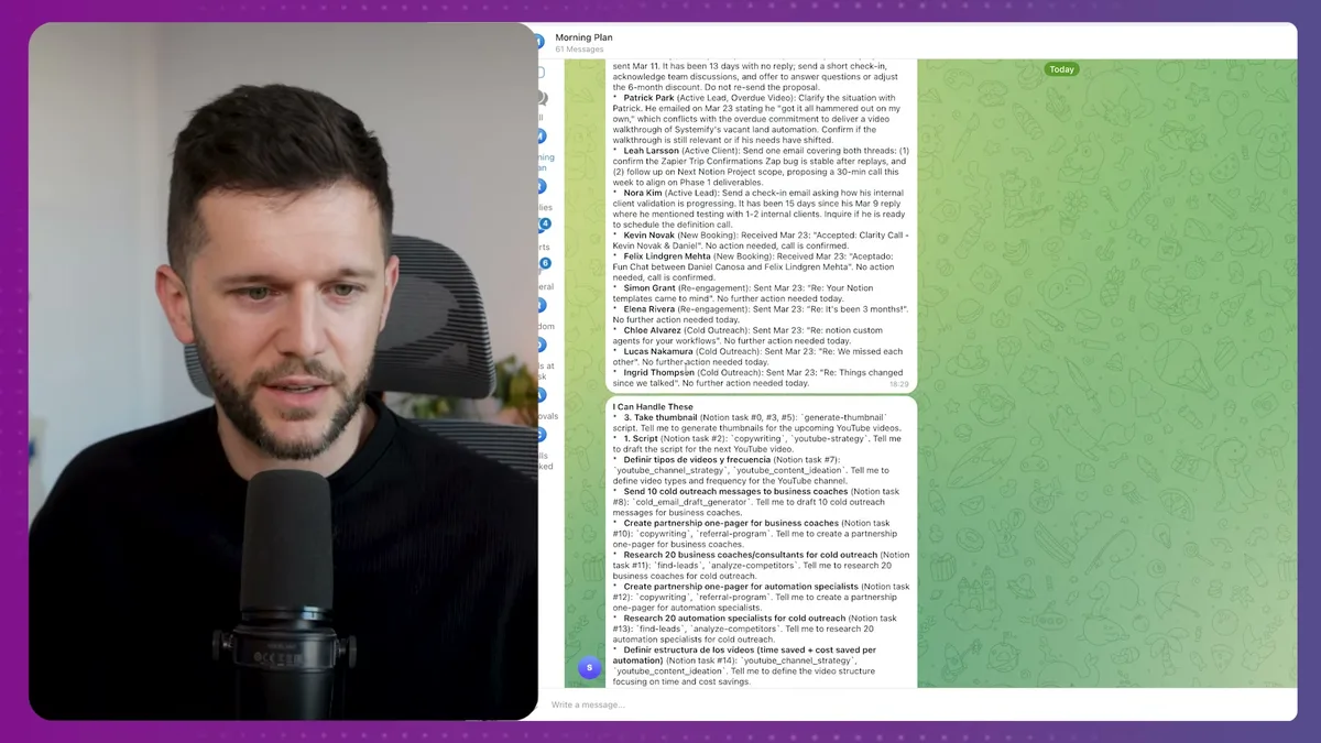 Telegram morning briefing displaying AI-generated daily priorities with email follow-ups, YouTube content tasks, LinkedIn outreach actions, and sales focus items organized by category