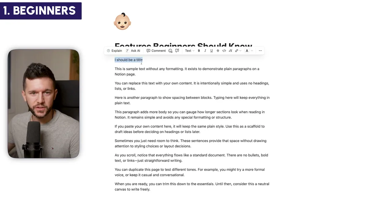 Notion page with sample text ready to be formatted as a title using keyboard shortcut Command+Option+1