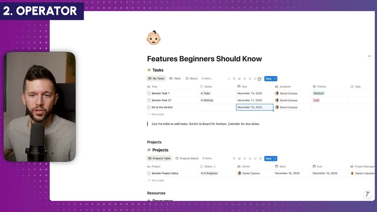 Overview of a Tasks database showing Status, Due date, Assignee, and Priority columns - foundational setup before creating rollups for financial data aggregation