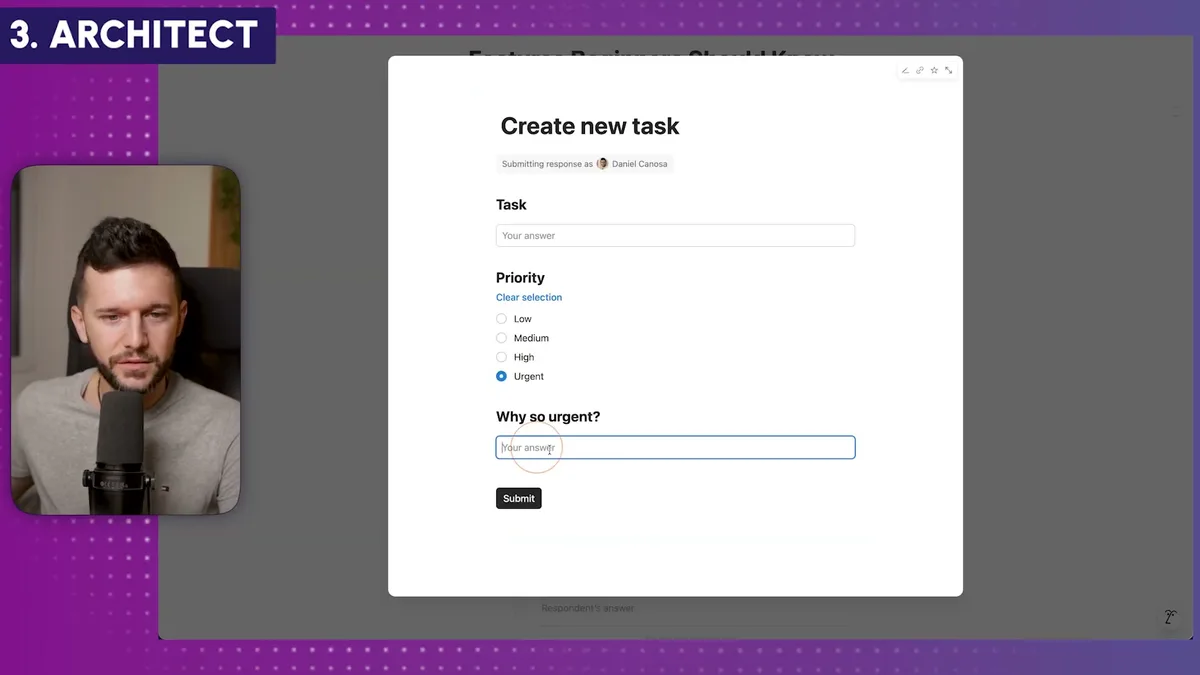 Form preview showing conditional logic: when Priority is set to 'Urgent', the conditional field 'Why so urgent?' automatically appears below