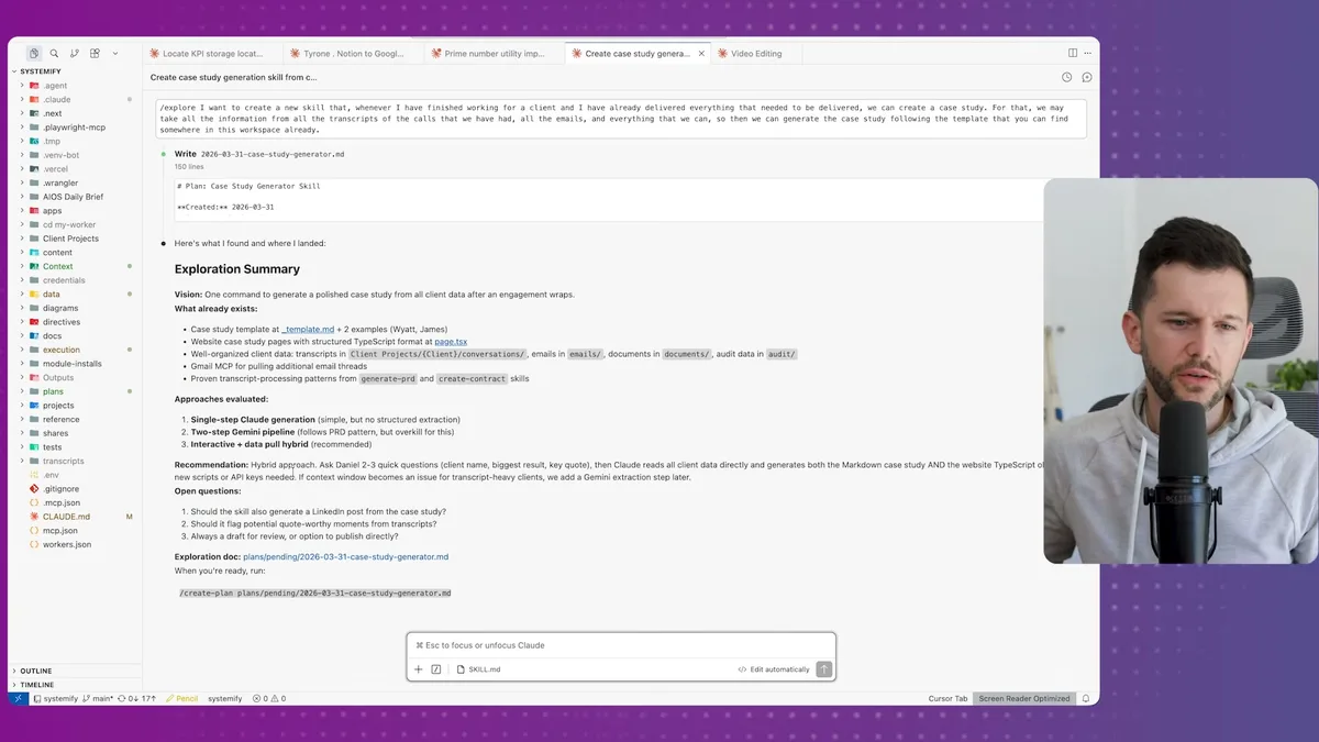 Claude exploration document showing approach recommendations: single-step Claude generation, two-step Gemini pipeline, and interactive hybrid method