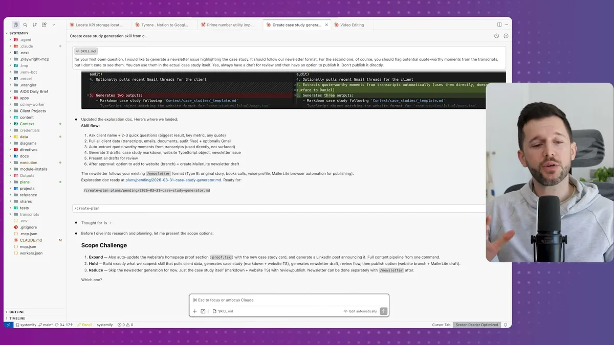 Scope challenge options: expand (auto-update homepage), hold (build exactly what was scoped), and reduce (skip newsletter generation for now)