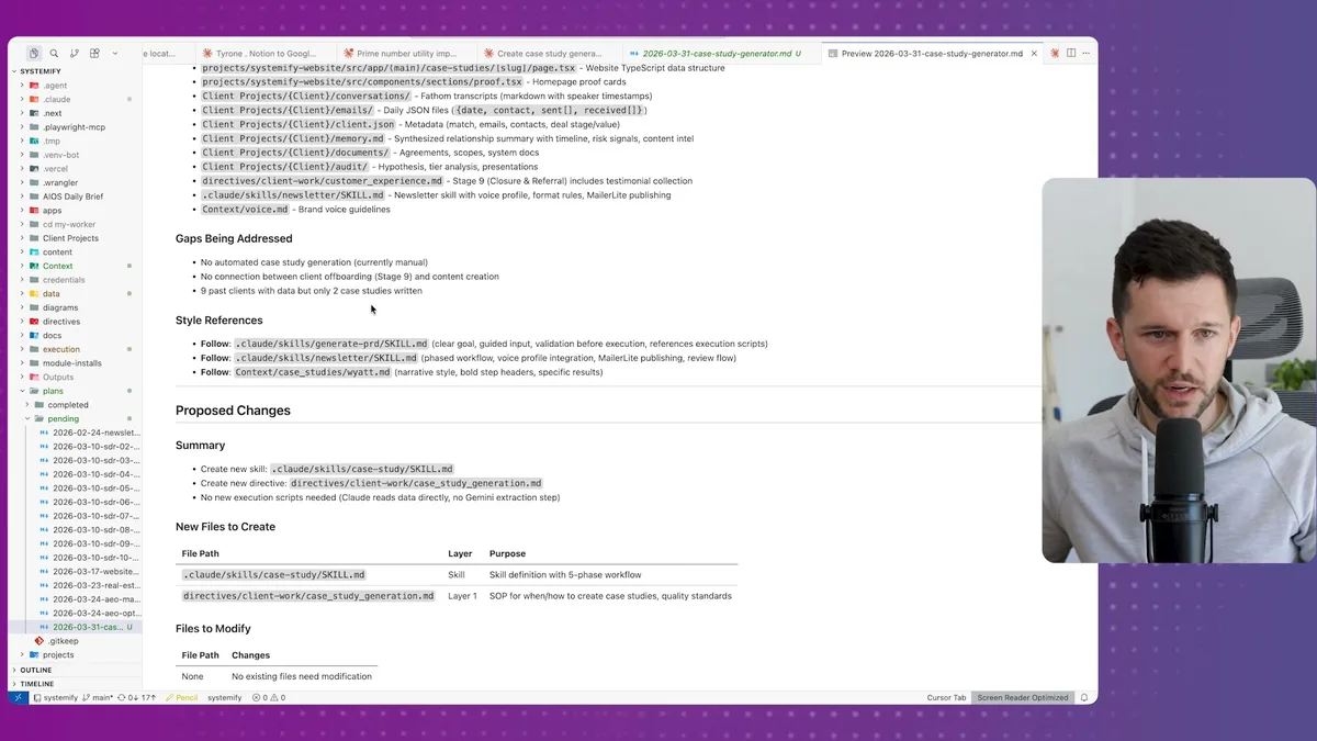 Implementation plan document showing gaps being addressed, proposed changes summary, new files to create with layer and purpose details, and files to modify section