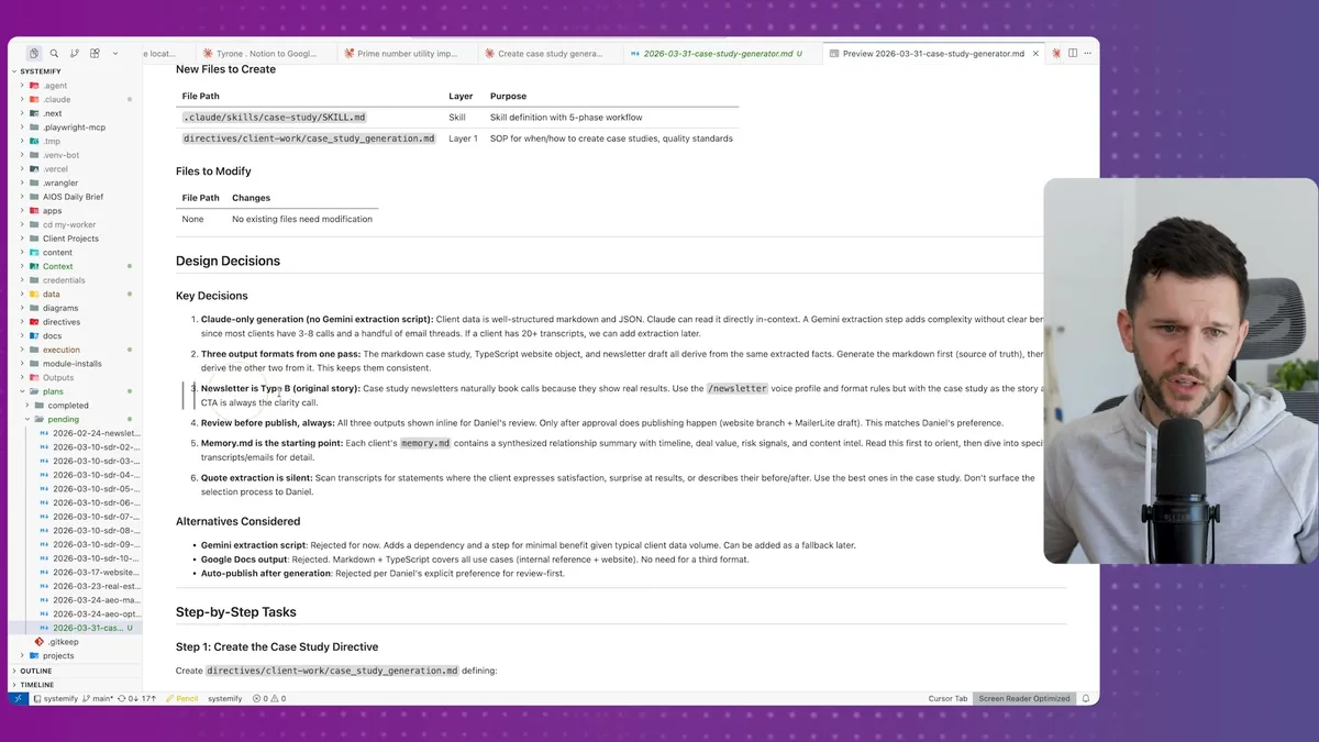 Plan details for skill creation showing design decisions, alternatives considered, and step-by-step implementation tasks including file modifications and key decision points