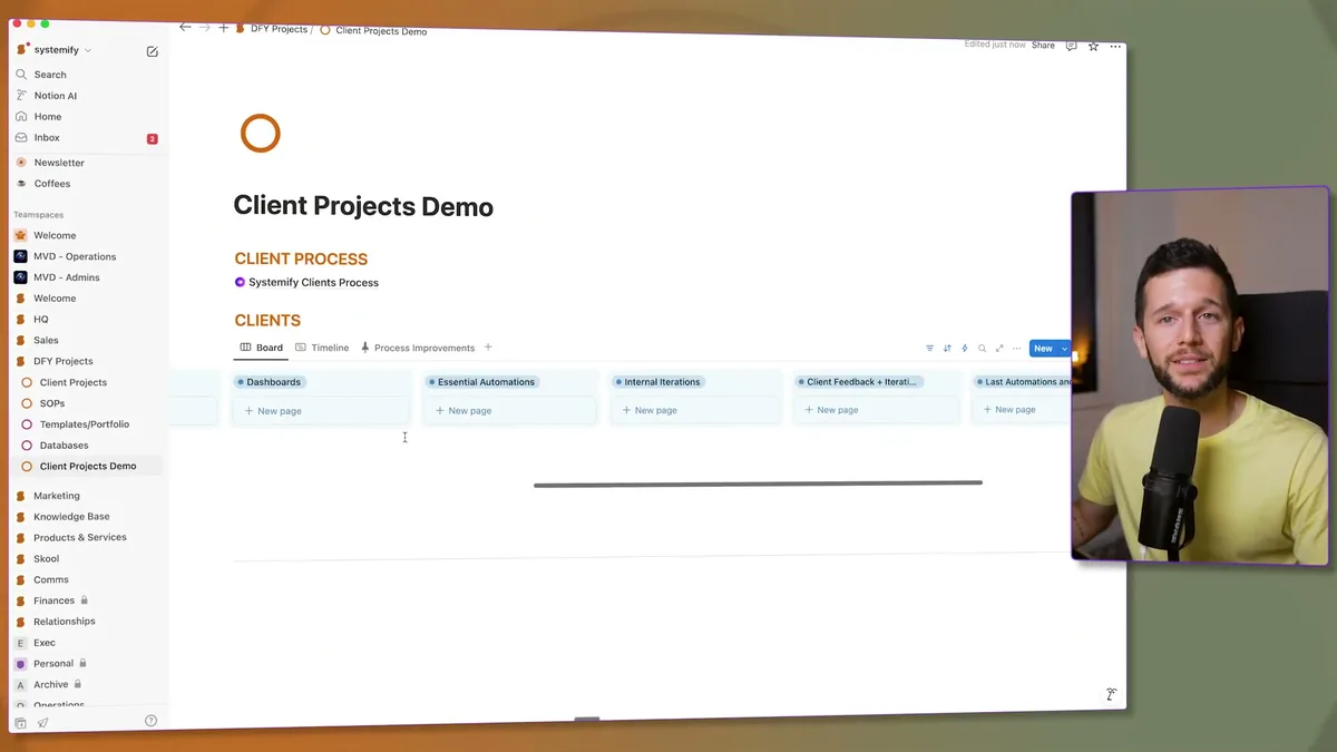 Client Projects Demo system overview showing multiple process stages: Dashboards, Essential Automations, Internal Iterations, Client Feedback, and Last Automations in Systemify