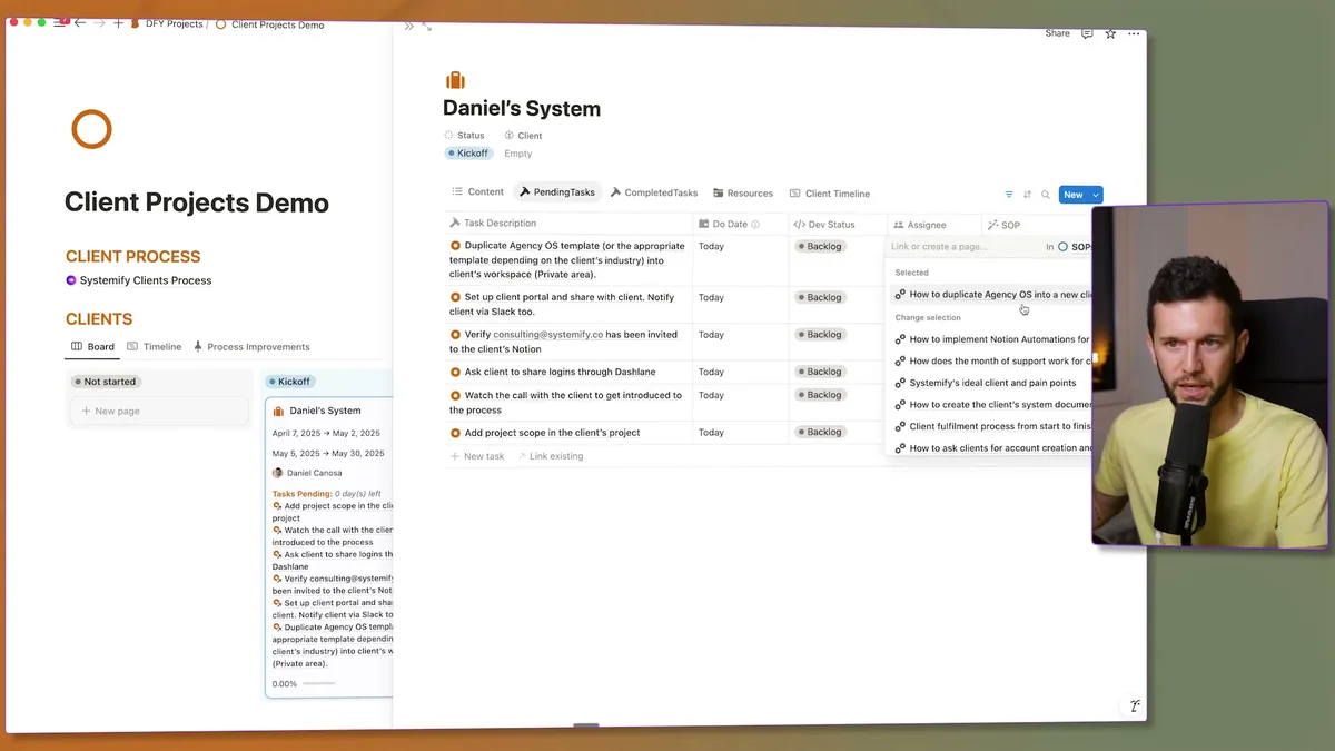 Pending Tasks view displaying multiple client project tasks with linked SOPs in the SOP column, allowing developers to quickly access relevant procedures for each task