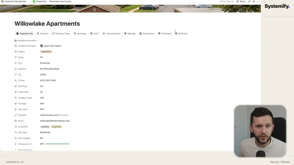 Property record tabs in Systemify: Navigate between Property Info, Projects, Pending Tasks, Meetings, Units, Improvements, Signage, Documents, Hardware, and Software sections within a property page