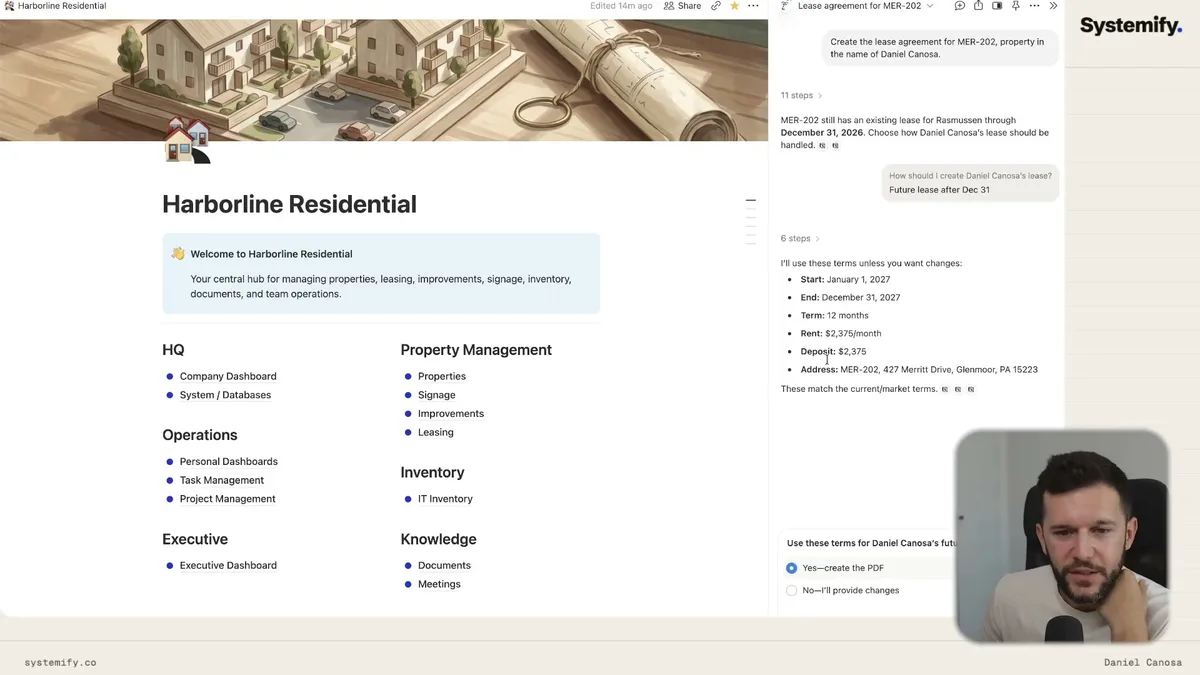 Notion AI processing lease agreement details with tenant data populated, showing AI's multi-step workflow for generating a customized lease PDF with specific terms, dates, rent, and deposit information