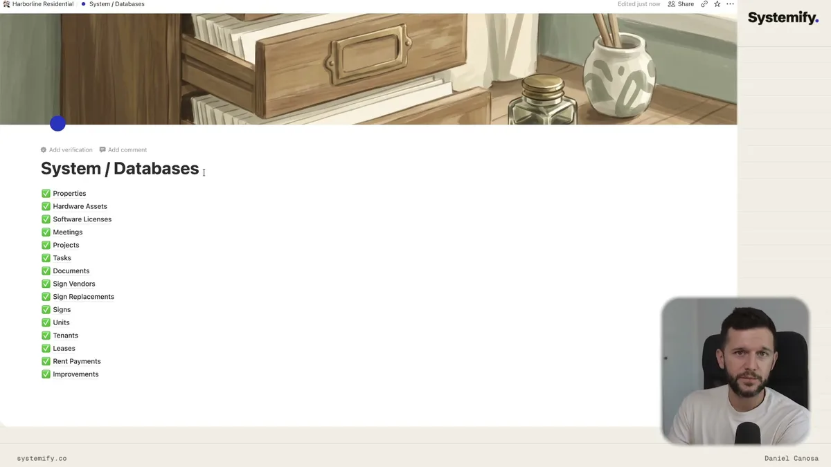 Master databases page showing all backend databases including Properties, Hardware Assets, Software Licenses, Meetings, Projects, Tasks, Documents, Sign Vendors, Sign Replacements, Signs, Units, Tenants, Leases, Rent Payments, and Improvements