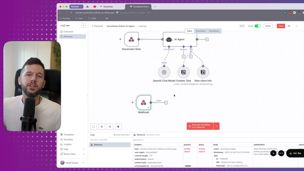 Make AI Agent workflow showing tools configuration with OpenAI Chat Model, Notion database integrations, and webhook trigger setup