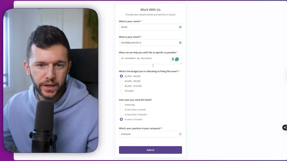 Lead qualification form showing required fields including name, email, project description, budget allocation, timeline, and company position - used to filter and qualify incoming leads before follow-up