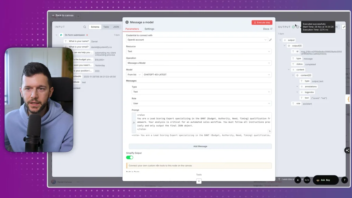 AI agent successfully executes lead qualification workflow, displaying 'Executed successfully' confirmation with form submission data processed through the ChatGPT model