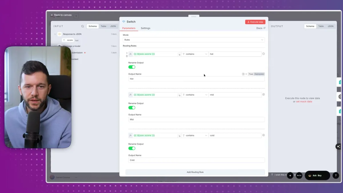 Switch node with conditional routing rules showing hot/mid/cold branches filtered by score variable using contains operator