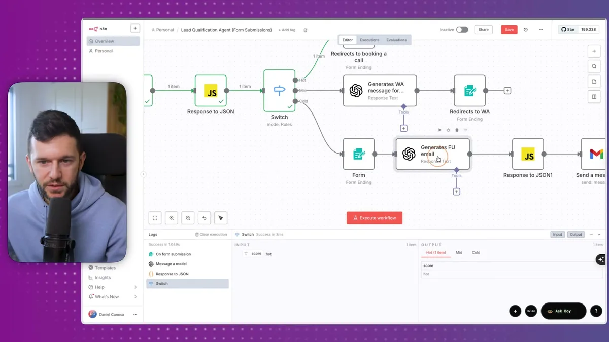 Cold lead flow automation showing personalized follow-up email generation with form submission routing and lead qualification workflow