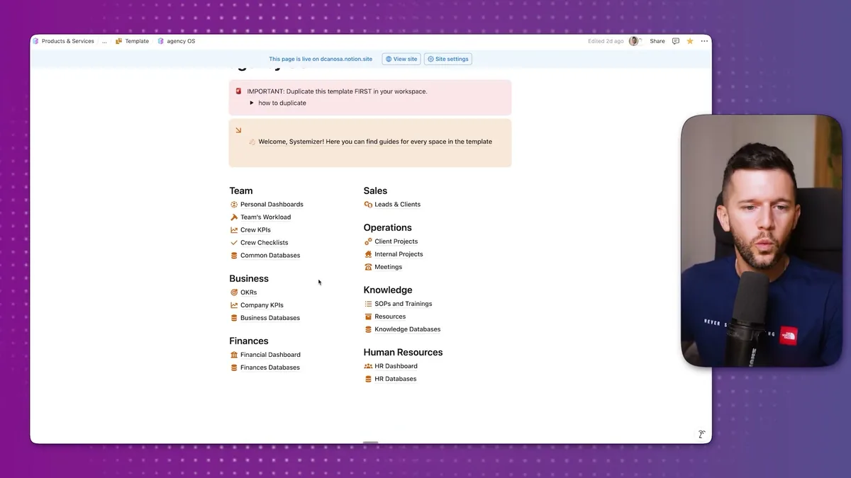 Business system main page displaying the overall structure with sections for Team, Sales, Operations, Business, Knowledge, Finances, and Human Resources